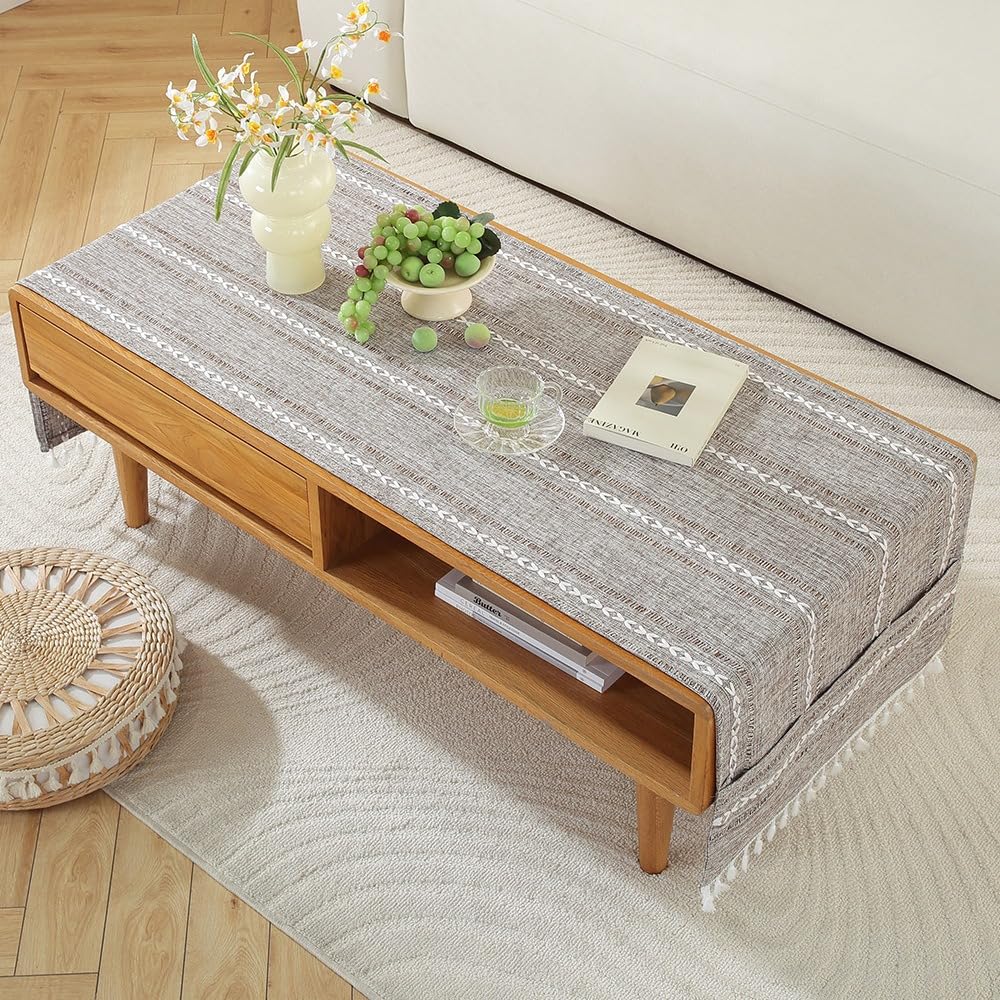 Yongxinmy Brown Cotton Linen Rectangular Tablecloth For Living Room - Simple Tv Cabinet Mat, Coffee Tablecloth With Pockets, Tassel Fringe Cover For Tea Table Dining Hall Fridge Top Cover (,60X160cm)