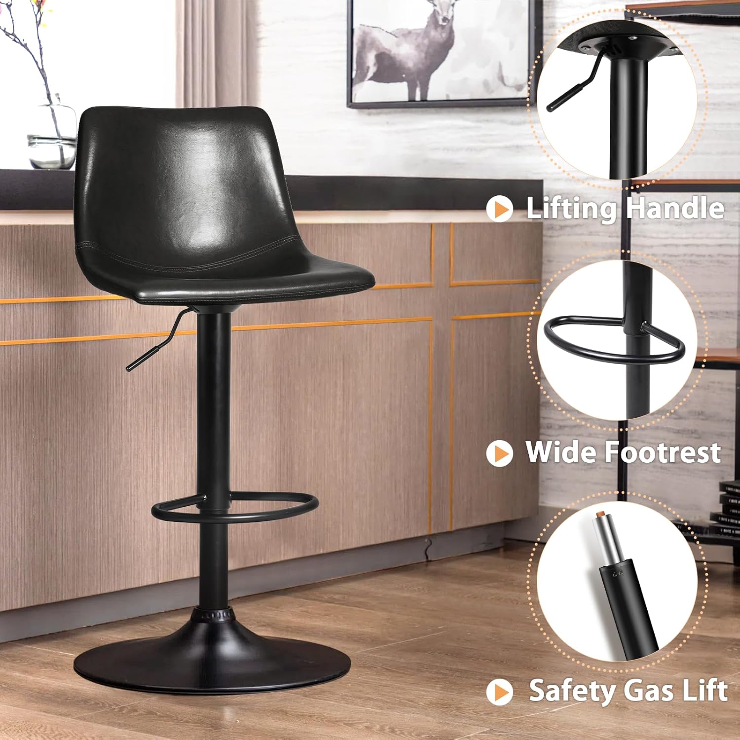 Lemebri Bar Stools Set of 4, Modern Adjustable Counter Height Swivel Barstools with Backrest, Faux Leather Upholstered Bar Chair for Kitchen Island, Black