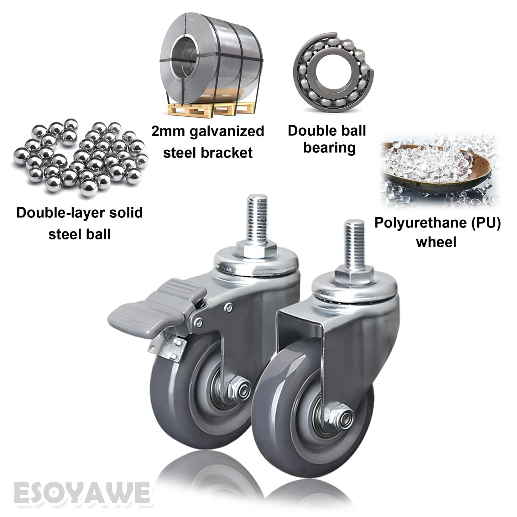 Schwerlast M12 Gewinde Vorbau Lenkrollen 63mm 75mm 100mm Leise Polyurethan Rollen 4 Stück, 360 Grad Drehbar Mit Bremse Industrie Transportroller, Doppellagerung Ersatz Rollen(Swivel+Brake,63mm)