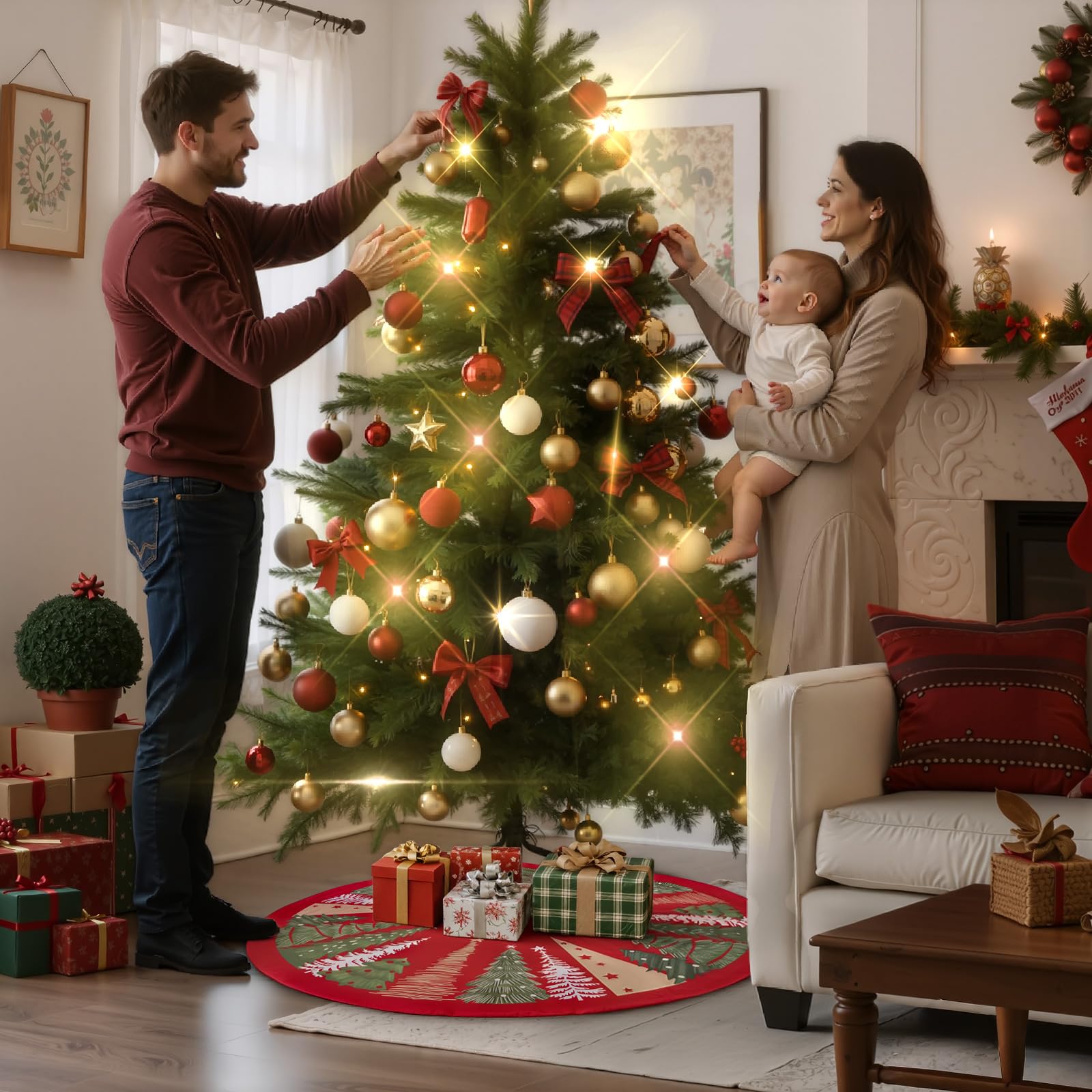 Lanpn Tappeto Sotto Albero di Natale Copribase Albero 90cm, Grande Velluto Copertura Base Tappetino Copri Base Piede Gonna per la Decorazioni per interni per feste invernali in casa (Rosso)