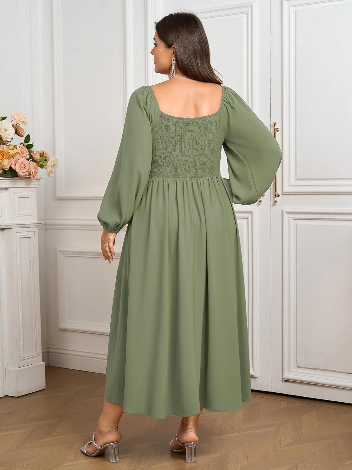 SCOMCHIC Women Plus Size Formal Dresses Long Sleeve Square Neck Wedding Guest Cocktail Split A-Line Maxi Long Dress - Image 7