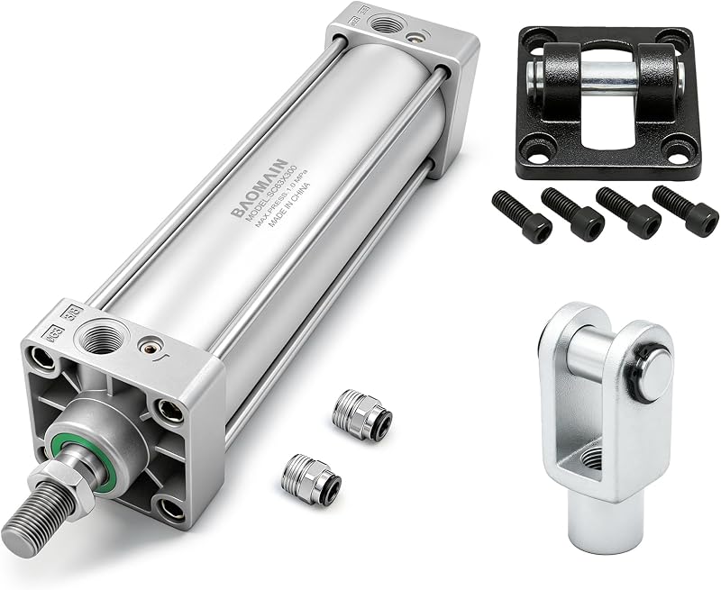 BAOMAIN Air Cylinder 2-1/2" Bore 12" Stroke SC63x300 + Clevis & Y-Joint | Double Acting Air Cylinder, PT 3/8" Port, M16X1.5 Thread, Includes CB Clevis Base, Y Joint & 2 fittings. for Automation