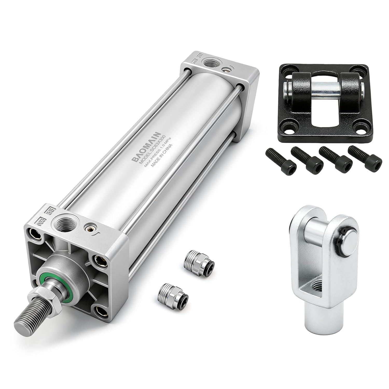 Baomain SC 63x300 Pneumatic Air Cylinder - 2.5" Bore, 11.81" Stroke, Double Acting Single Rod, M16 Threaded, Includes Mounts & Fittings
