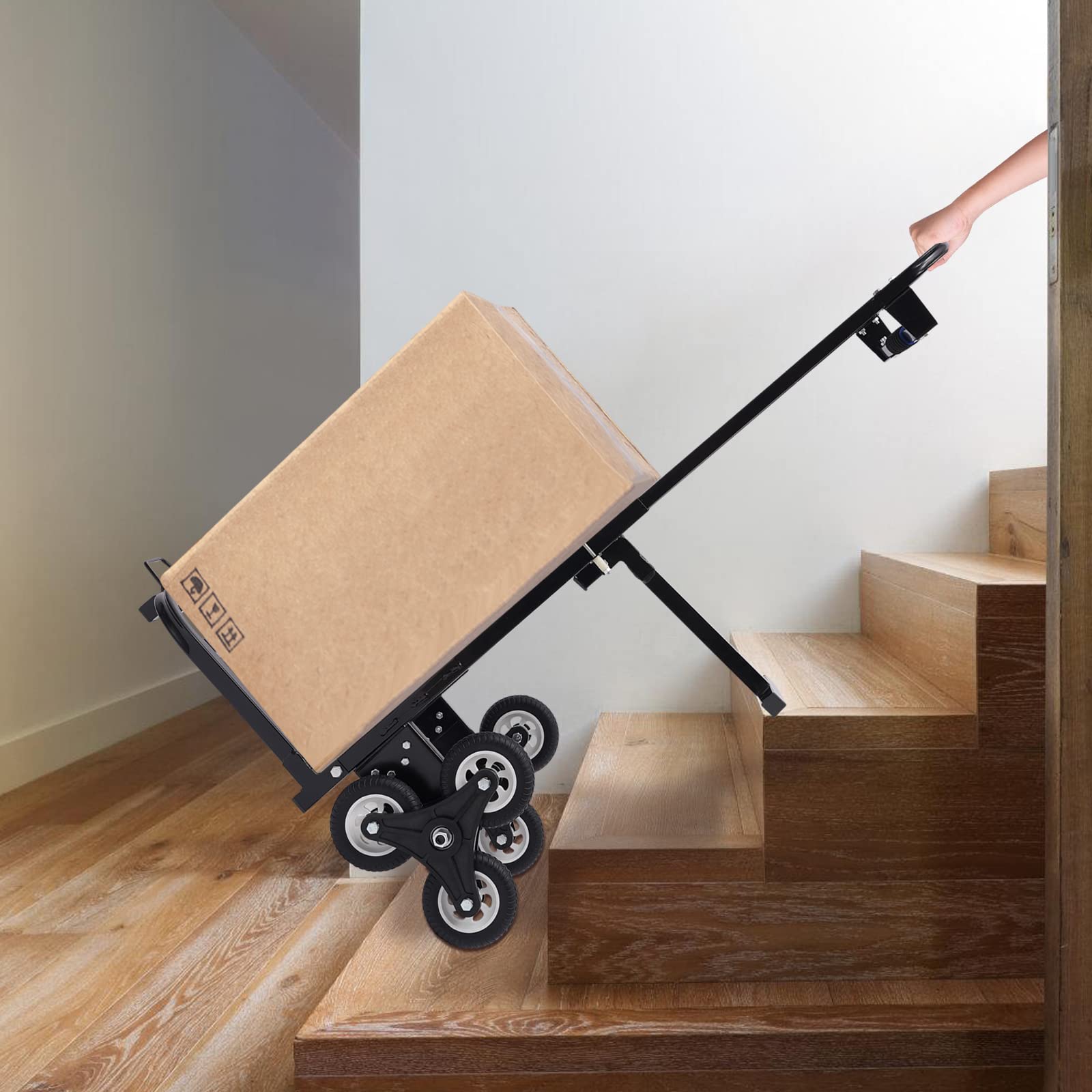 Wózek transportowy do wspinania się po schodach, składany, 6-kołowy wózek schodowy, nośność 210 kg, składany i z regulacją wysokości, 73-114,5 cm, kółka poliuretanowe do użytku wewnątrz i na zewnątrz