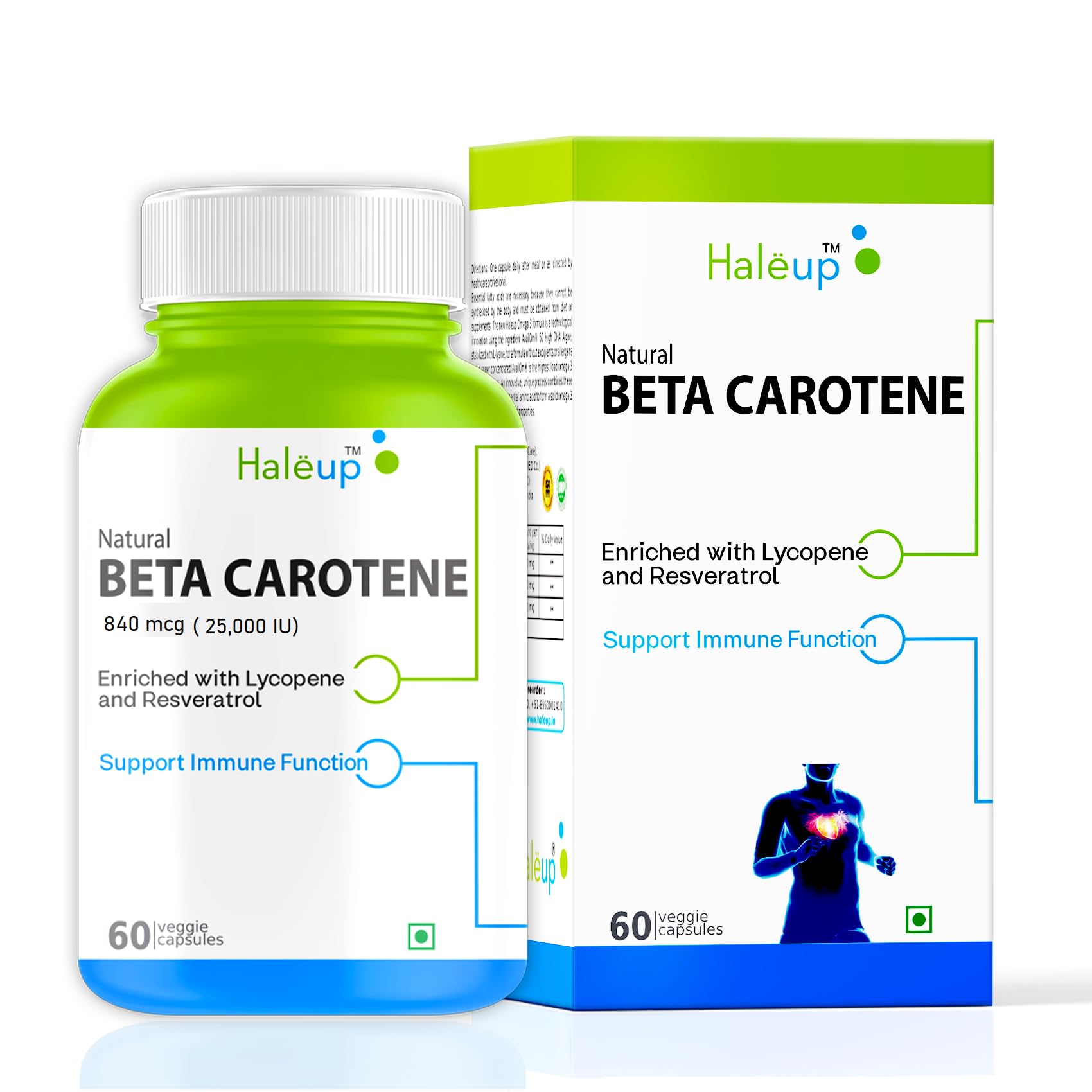Haleup Beta-Carotene 840 mcg || Natural Vitamin A (60 capsules) || Immune Support, Vision Support || Researched in USA(Pack of 2)