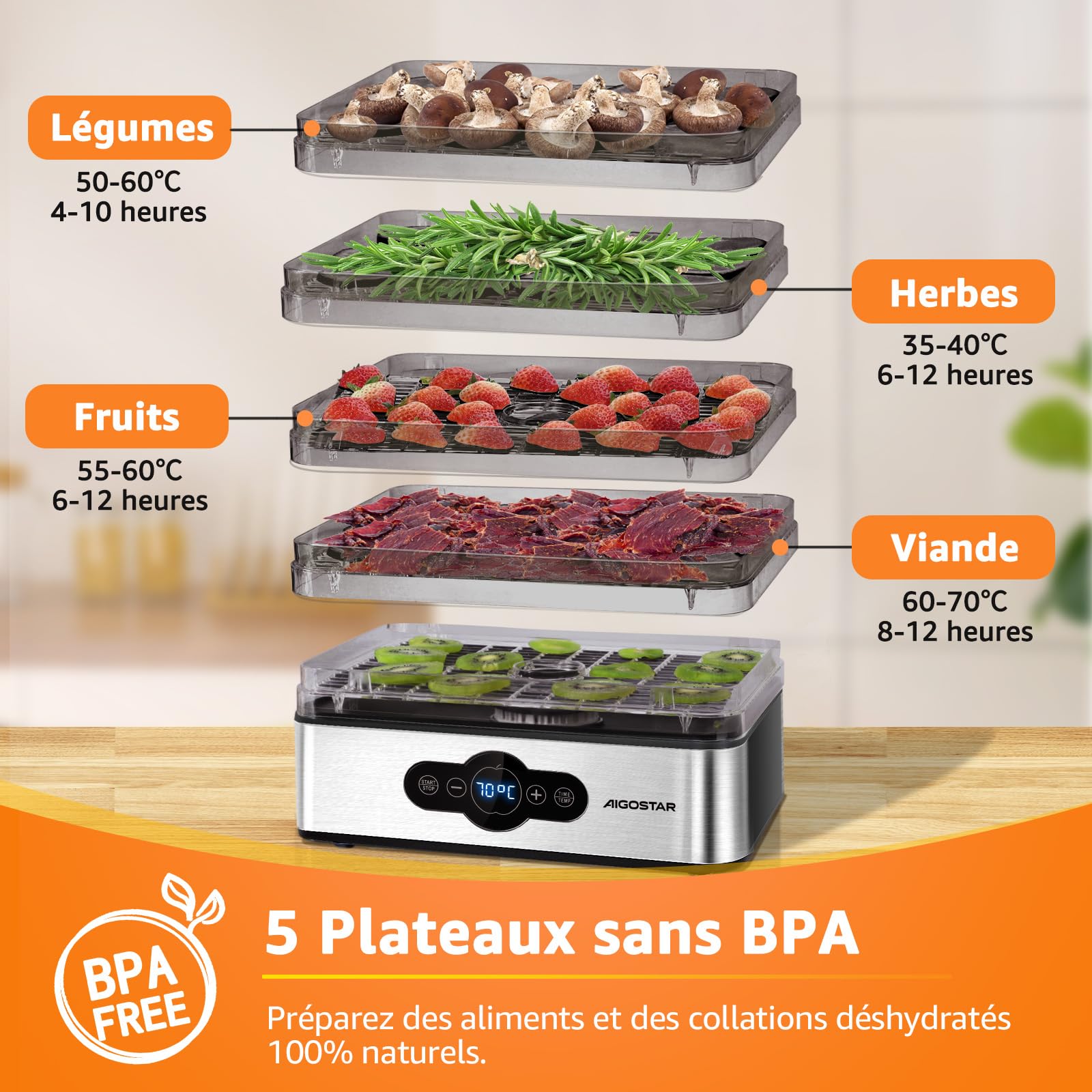 Aigostar Deshydrateur Alimentaire avec 5 Plateaux, Déshydrateur sans BPA, Minuterie 99h et Température 35-75 °C, Écran LED, 240W, pour Fruits, Poisson, Légumes, Viande, Jerky, Herbes etc