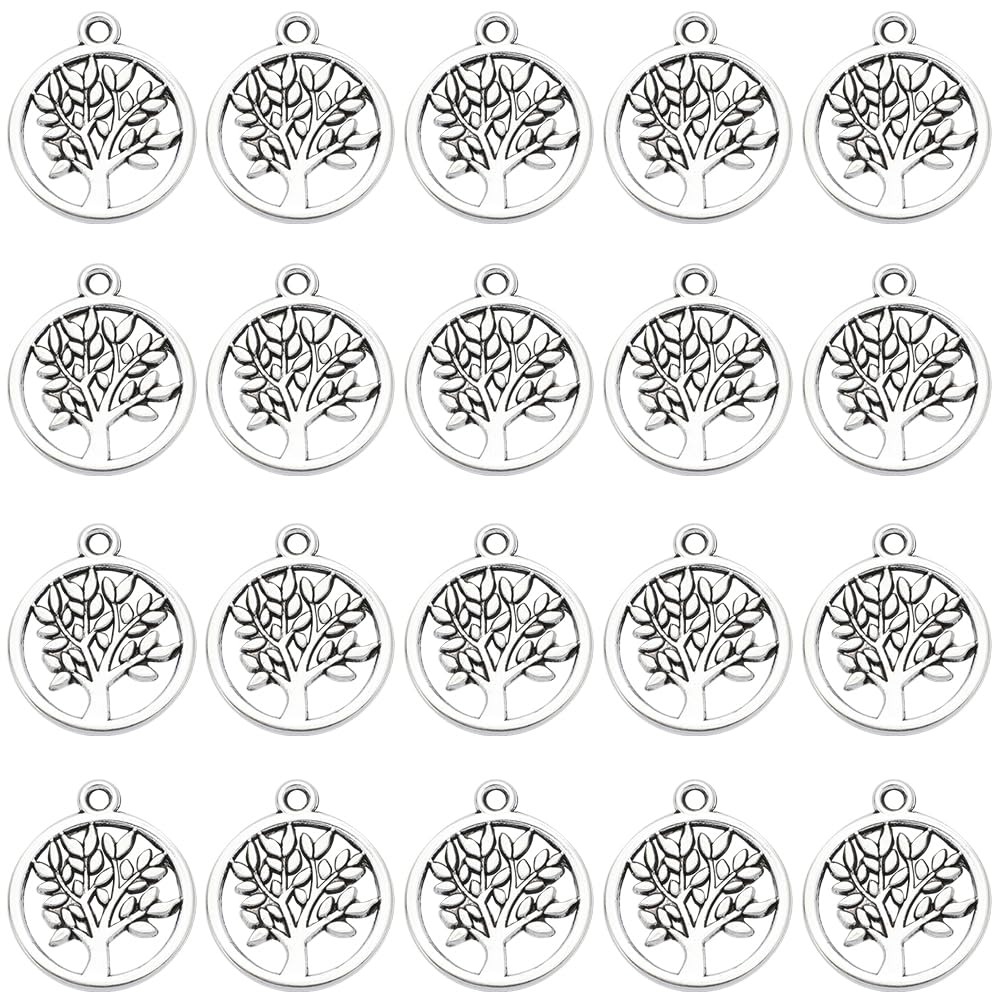 SUNNYCLUE 1 Box 100Pcs Silver Tree of Life Charm Small Tree Charms Bulk Tibetan Style Alloy Pendants Round Metal Plant Lucky Charm for jewellery Making Charms Supplies DIY Keychain Earring Women Adult
