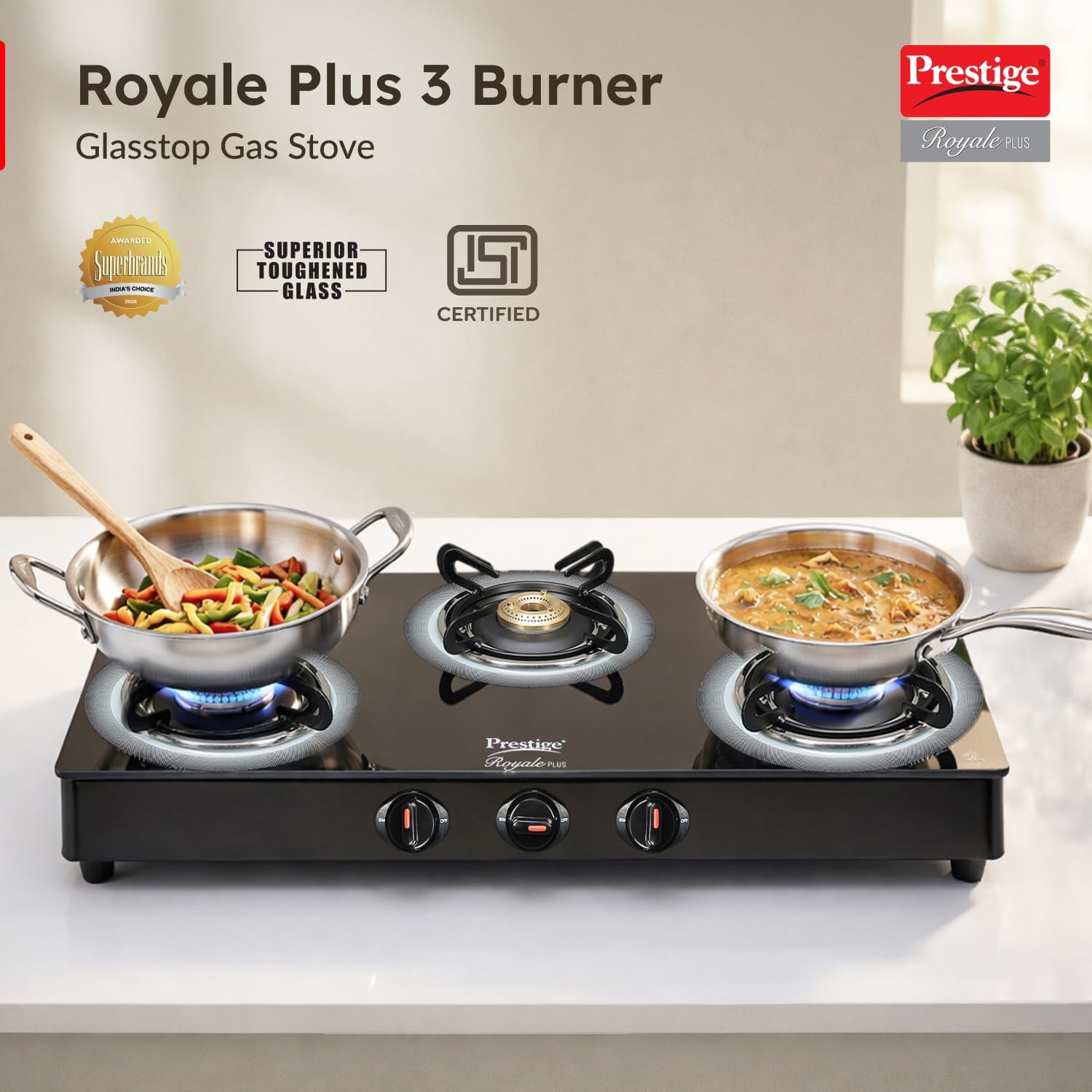 Prestige Royale Plus GT 03L Gas Stove in use with cookware