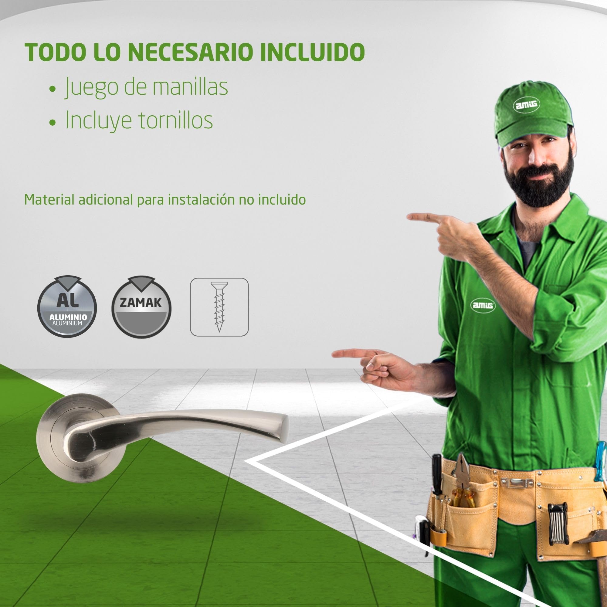 Amig - Pack de 4 Manillas con Roseta de Zamak para Puertas, Mod. ISHI RX, 52 mm, Cuadradillo de 8 mm, Diseño Elegante y Sencillo, Aluminio Níquel Cepillado