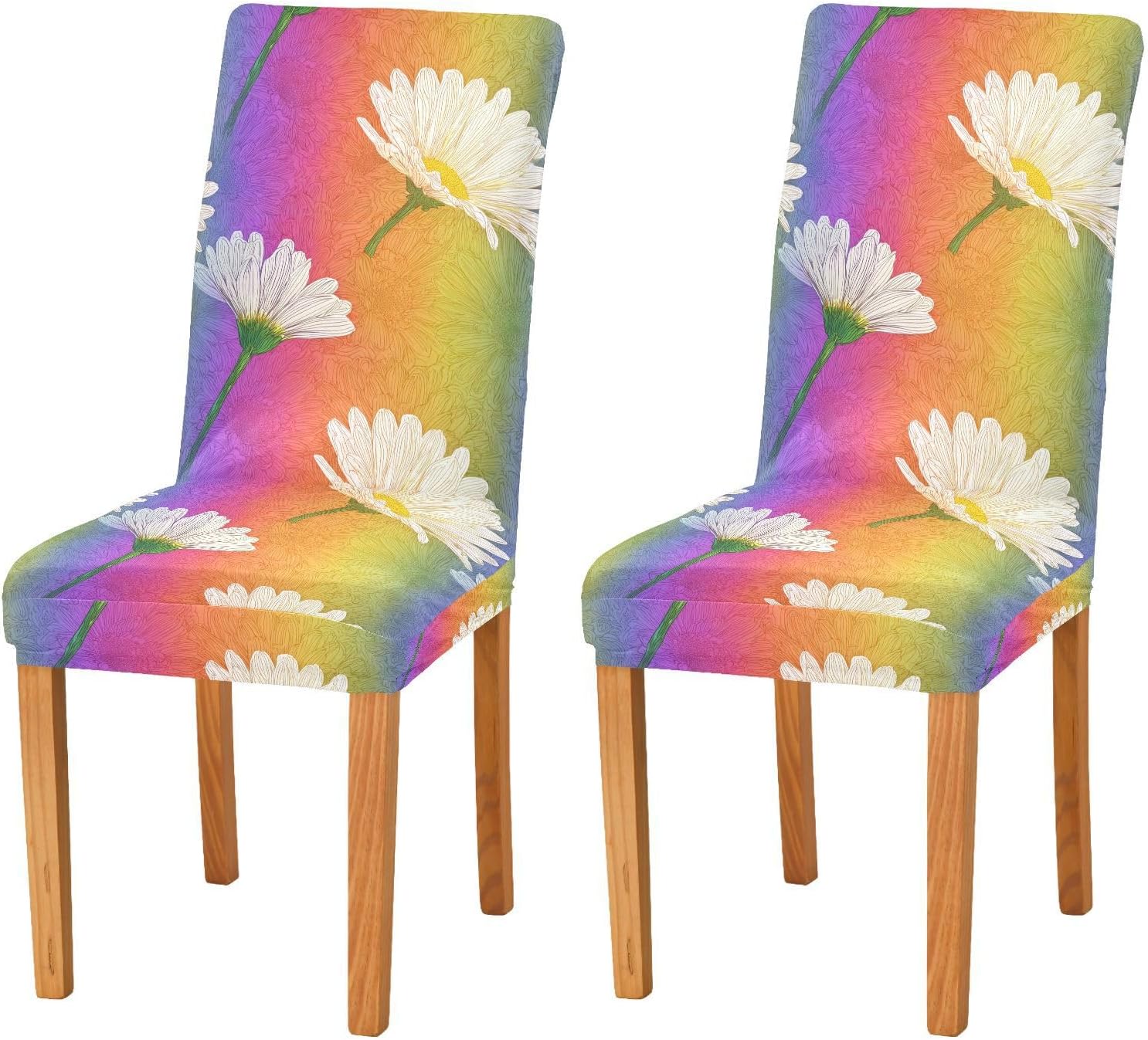 ALAZA Chair Covers for Dining Room, Colorful Rainbow and White Daisy Stretch Chair Cover Sets Chair Protector Removable Washable for Ktichen Restaurant Hotel