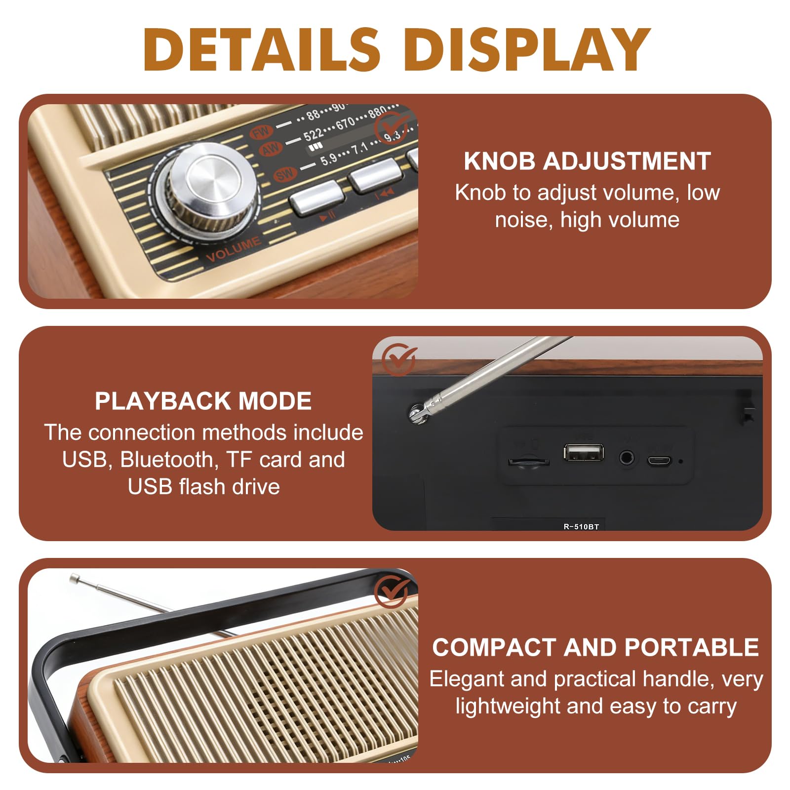 Retro Radio mit Bluetooth, Kofferradio Batteriebetrieben oder mit Stromkabel, Nostalgie Küchenradio mit 1000mAh Akku, USB/TF/AUX Unterstützung, Tragbares Radio Retro für Zuhause und Senioren