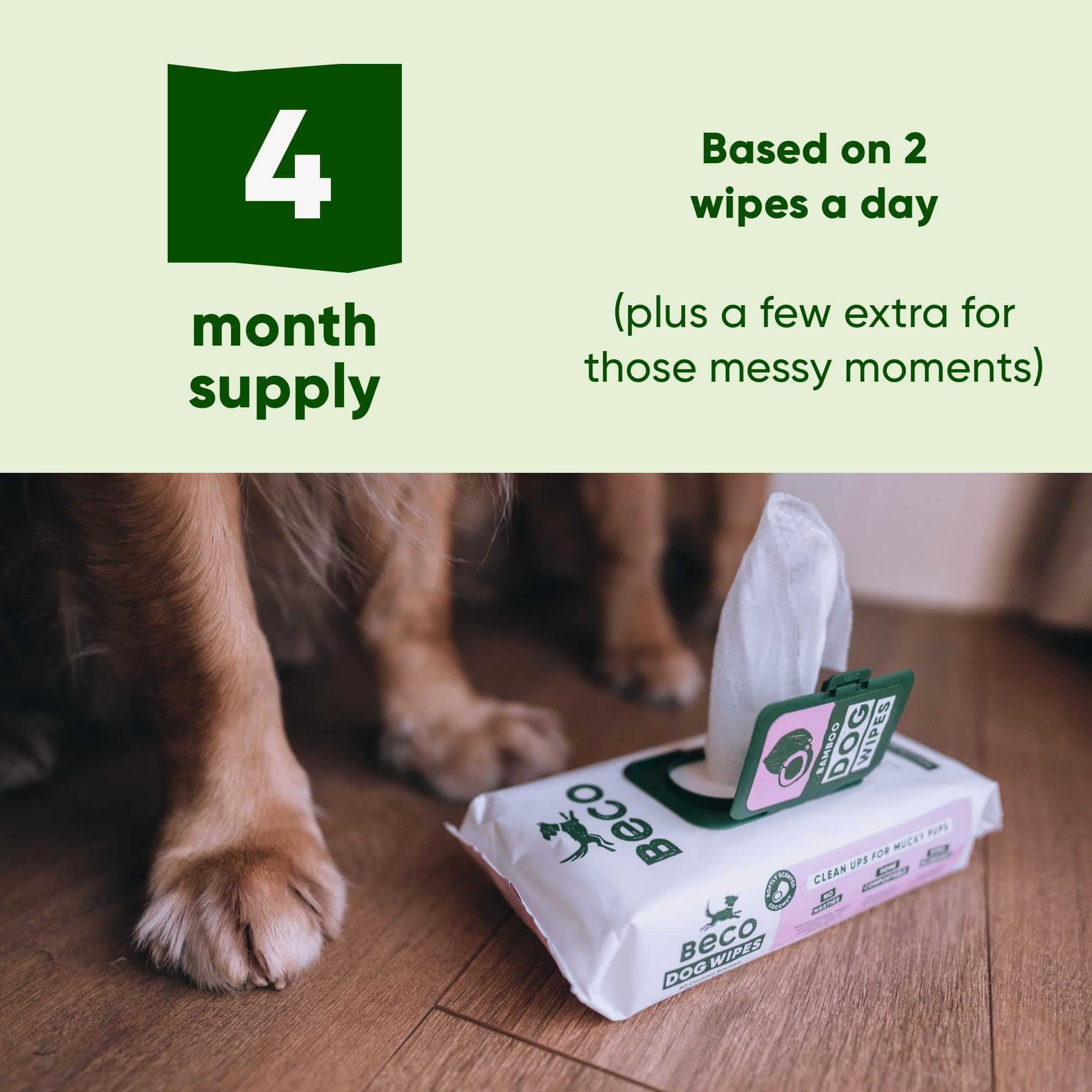 Beco Toallitas para Perros, sin plástico, 80 toallitas x 4 Paquetes, Aroma a Coco, para Patas, Cuerpo y Trasero, toallitas de Aseo a Base de Plantas
