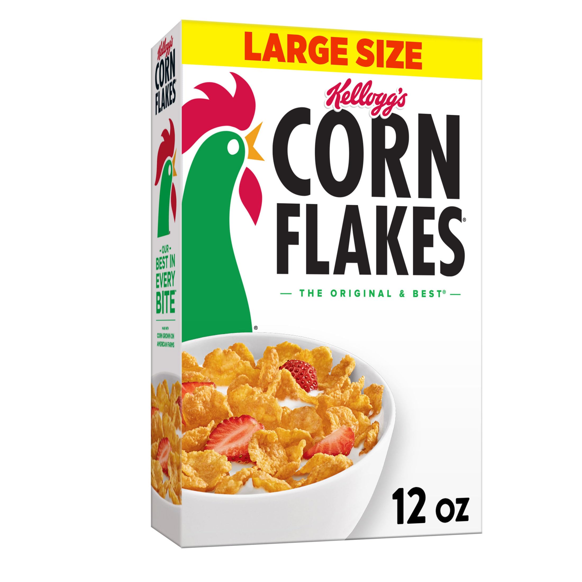 Kellogg's Corn Flakes Cold Breakfast Cereal, 8 Vitamins and Minerals, Fat Free, Large Size, Original, 12oz Box (1 Box)