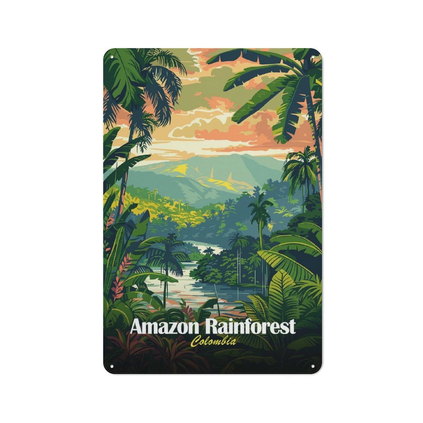 Junmoney Style-4 Tin Wall Plaque 30X20cm With Amazon Rainforest Colombia Illustration For Bar Or Restaurant, For Hospitality Decor Collectors