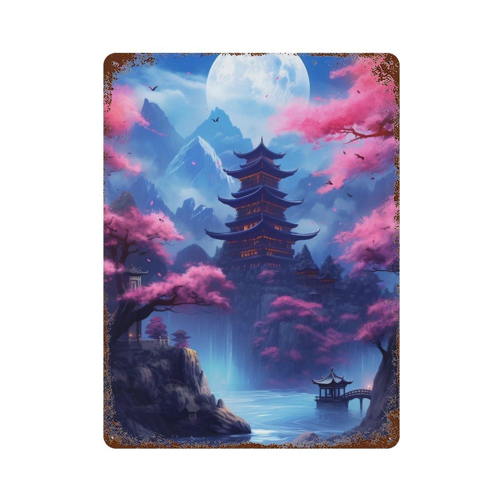 Rust Effect Cherry Blossom Moonlit Pagoda Scene Decorative Tin Sign 15.7"x11.8", Farmhouse Wall Decor for Patio, Garden Room And Bar Decor
