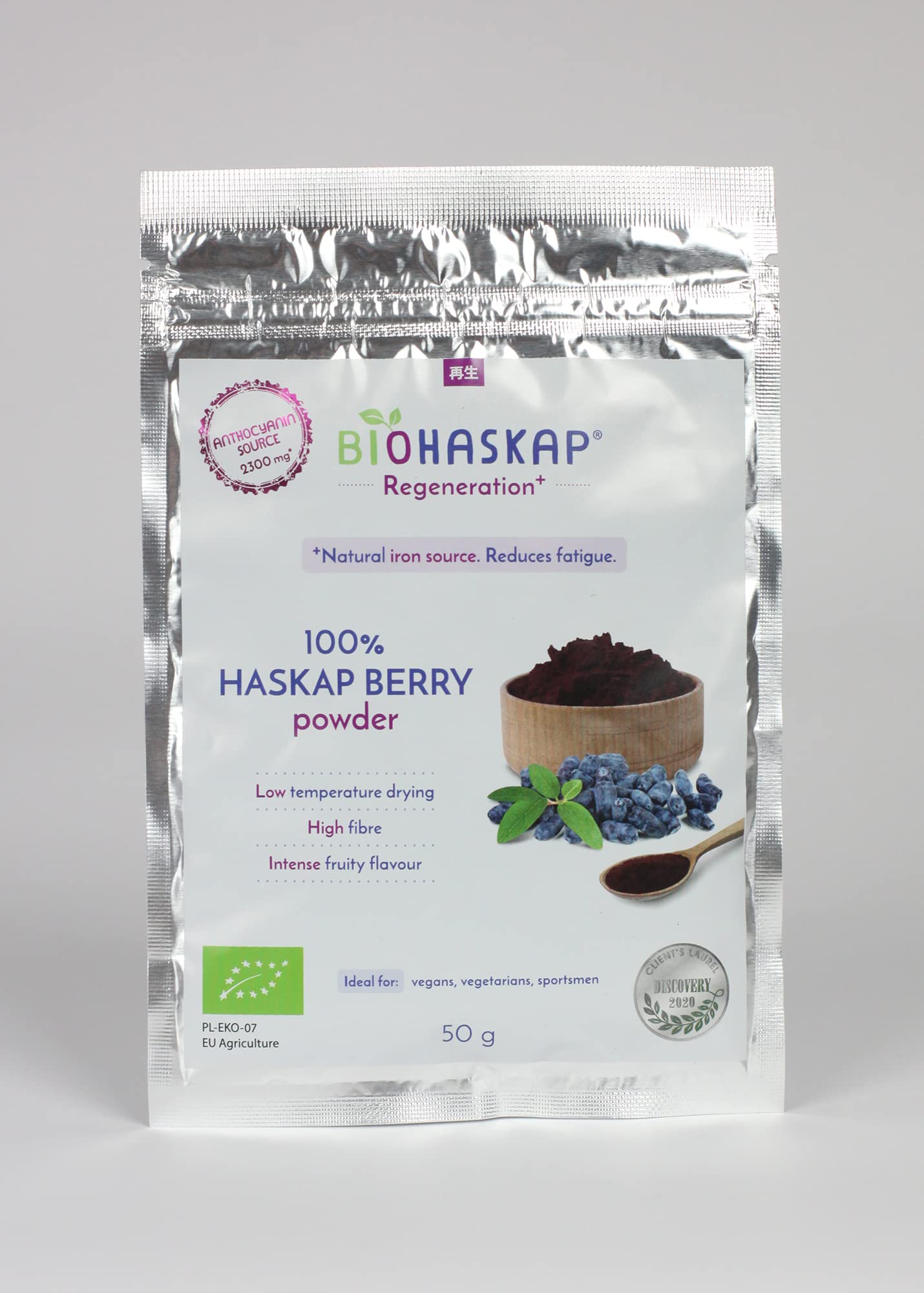 Bacche di HASKAP (Mirtillo siberiano) biologiche in polvere BIOHASKAP® Regeneration+, 50 g, fonte di ANTOCIANINA e FERRO. Rigenera l'organismo. NUTRACEUTICO. 1 cucchiaino al giorno. Lot 13.08.2027