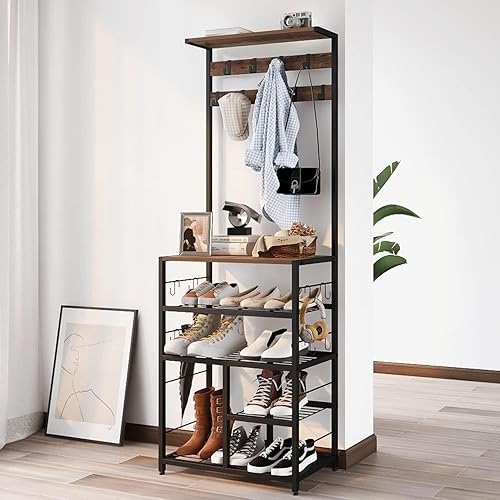 GiftGo Árbol de pasillo grande vintage de 5 niveles con mesa de consola, entrada, perchero de pie para zapatos, estante organizador para el hogar,