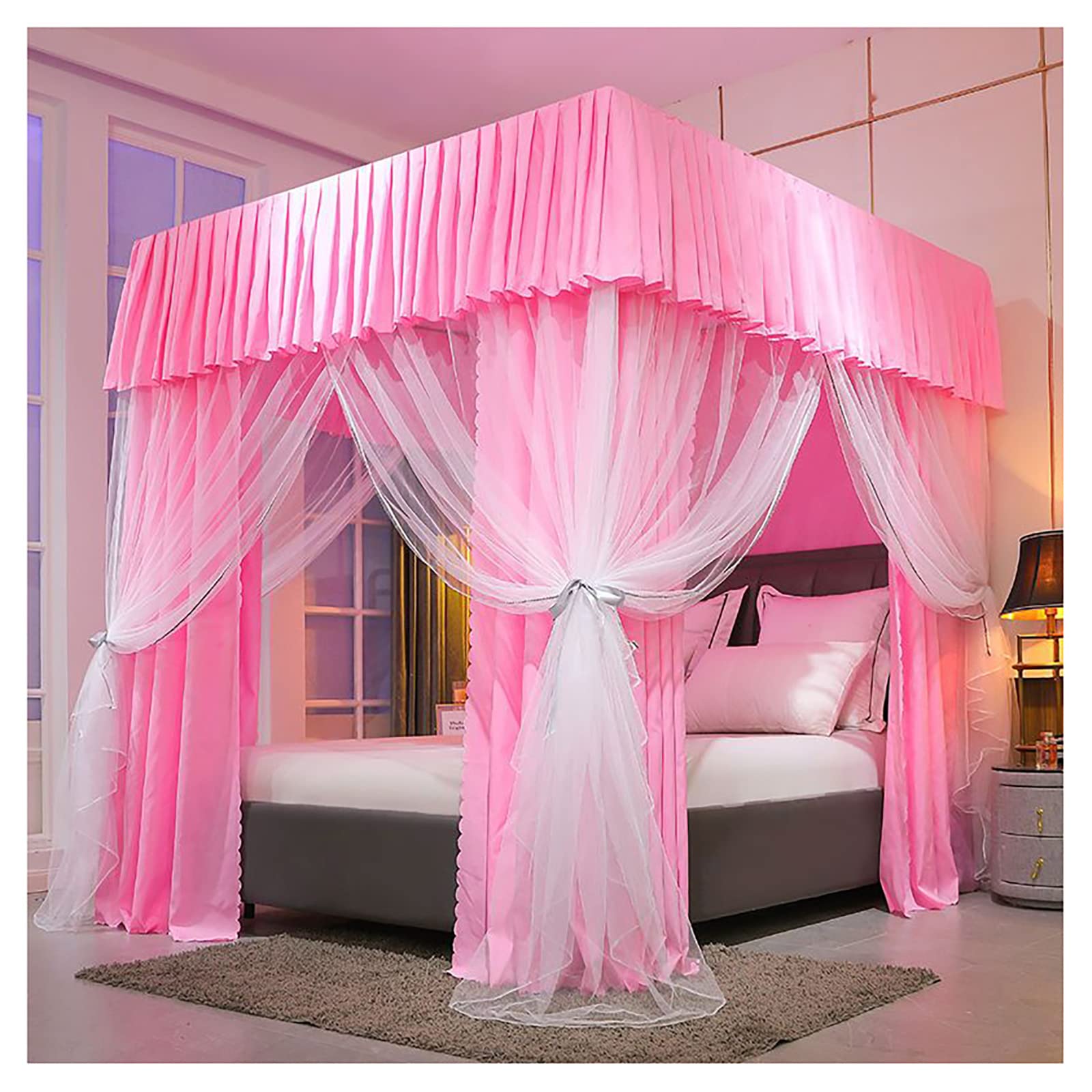 Rideau de lit moustiquaire occultant avec support solide pour grand lit fille