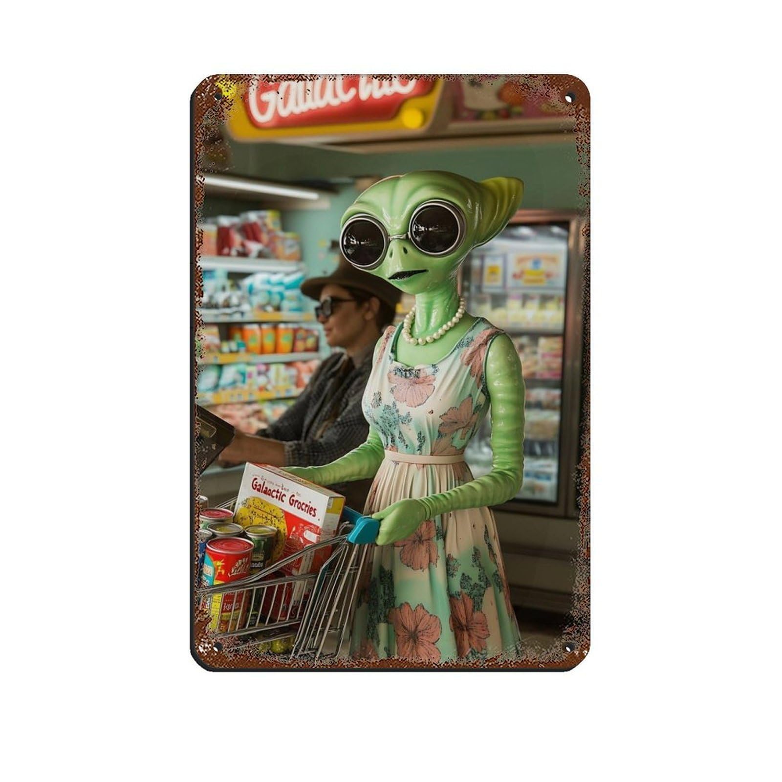 Lxwnze 20L X 30W Cm Alien Grocery Shopping,Retro Sci-Fi Home Retro Poster Metal Tin Sign Chic Art Retro Iron Painting Bar People Cave Cafe Family Garage Poster Wall Decoration 8X12inch(20X30cm)