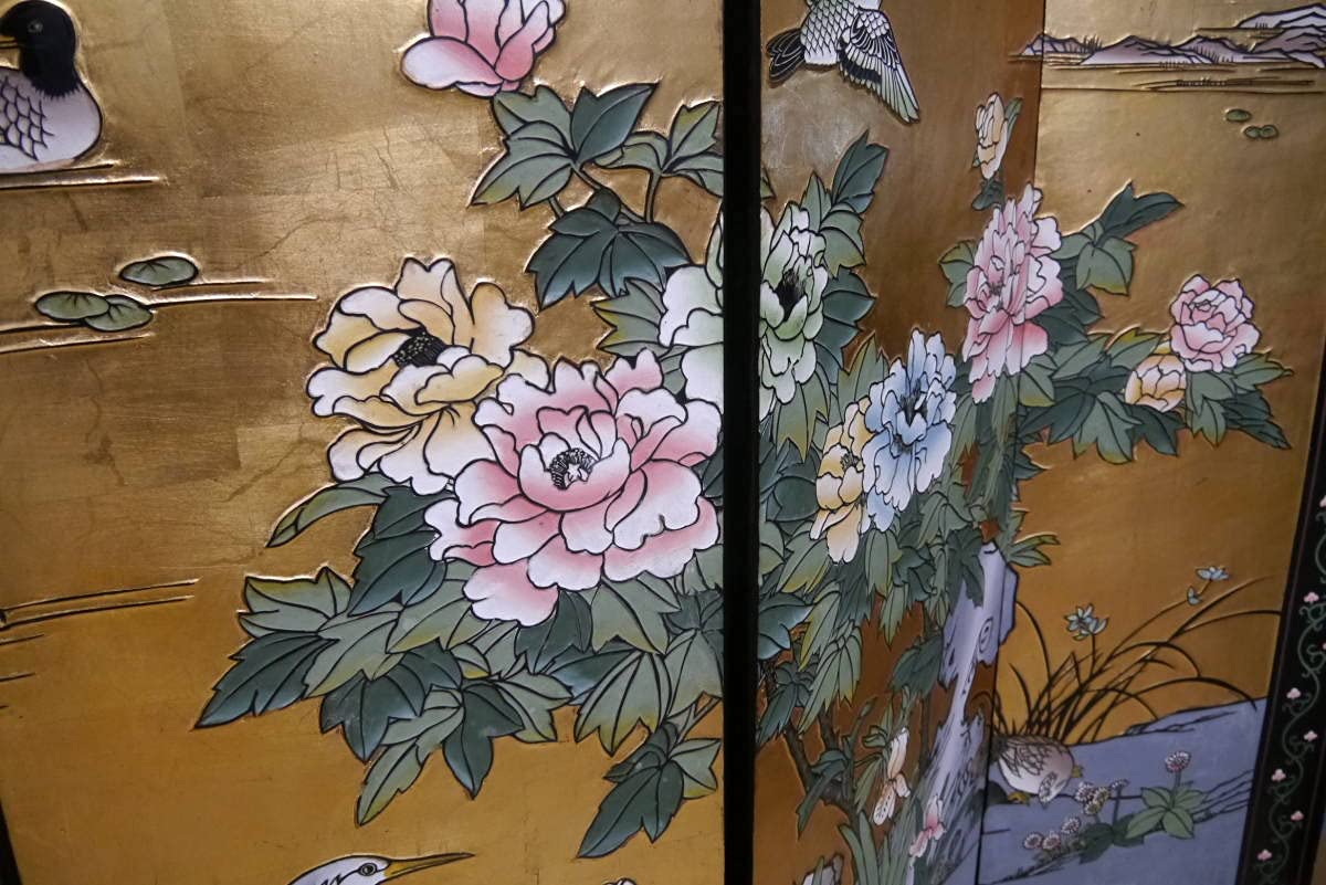 Amazon.co.jp: 四曲金屏風 中国 木製 茶道具風炉先屏風 絵画 鶴/竹/花 