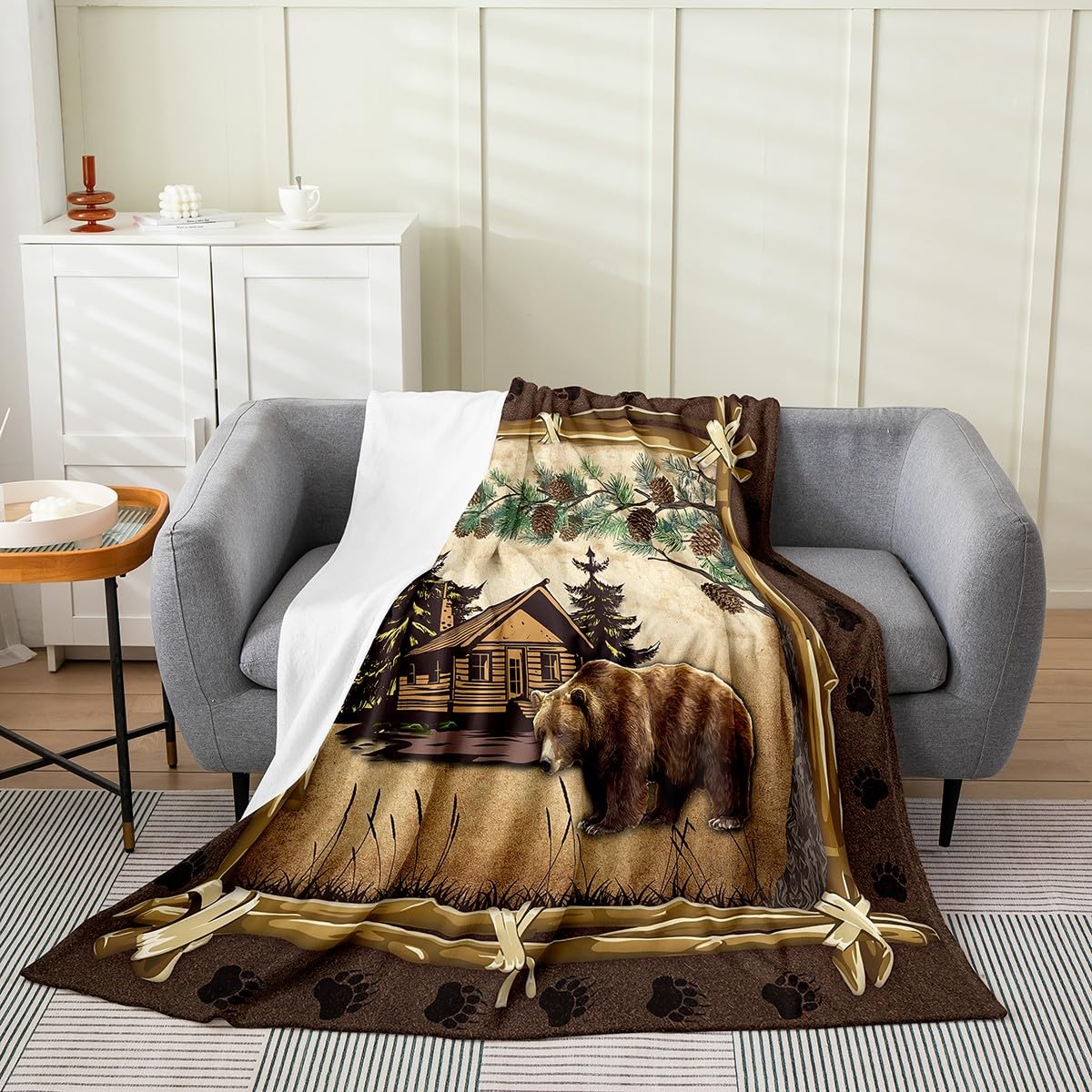 Jungle Wooden Cabin Flannel Blanket Baby 30"x40" Warm Lightweight,Outdoor Adventure Wild Bear Pine Tree Flannel Sherpa Blanket,Retro Wood Frame Bear Wildlife Paw Print Flannel Blanket