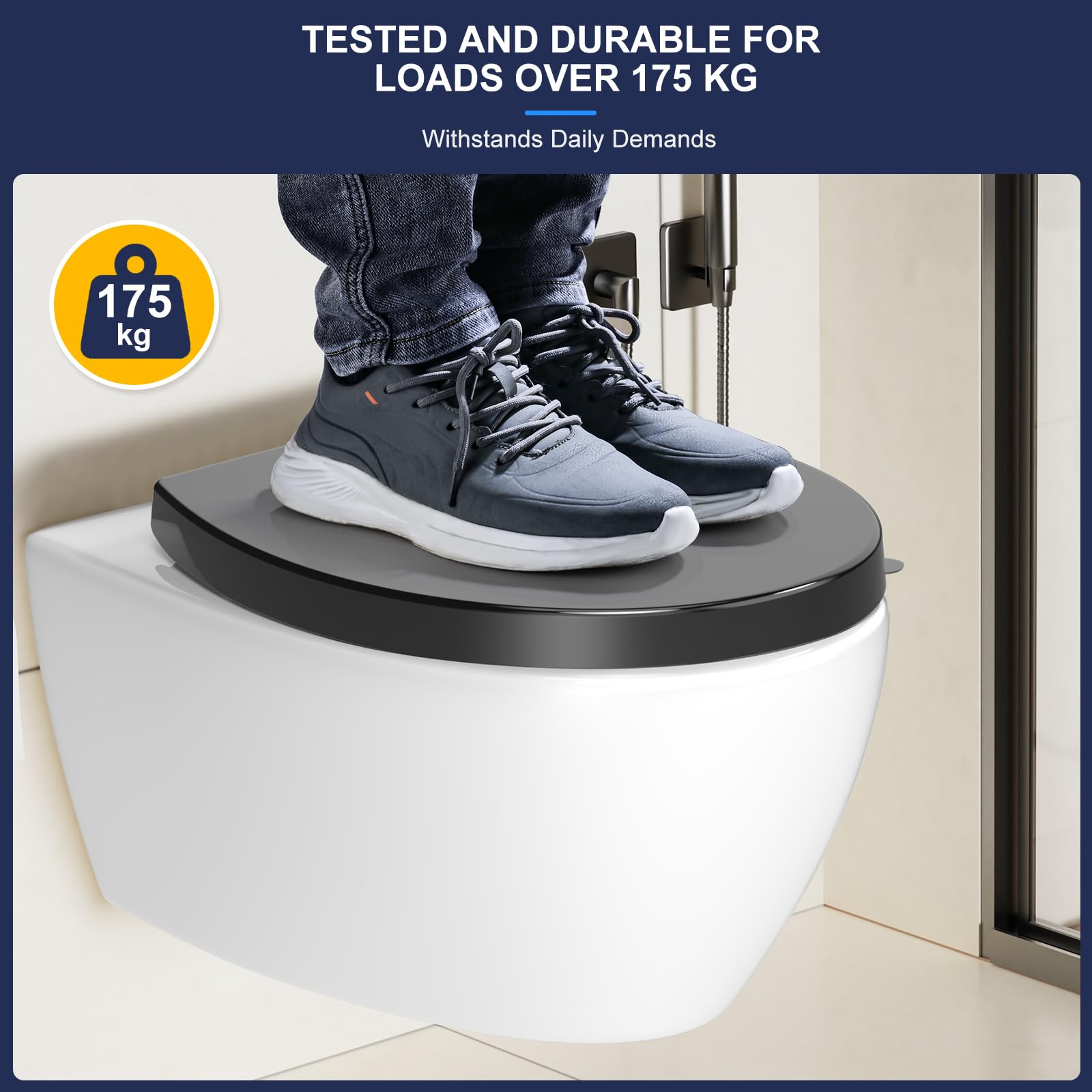 YEAUPE PRO Tapa WC Universal Forma O, Asiento de Inodoro de Cierre Suave en Forma de O con Liberación Rápida para una Fácil Limpieza, Estándar Ovalados, Negro, 44,6 x 37,2 x 4,3cm