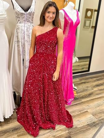 One Shoulder Sequin Prom Dresses for Women 2026 Sparkly Long Ball Gowns Formal Dress Aline Evening Party Gowns