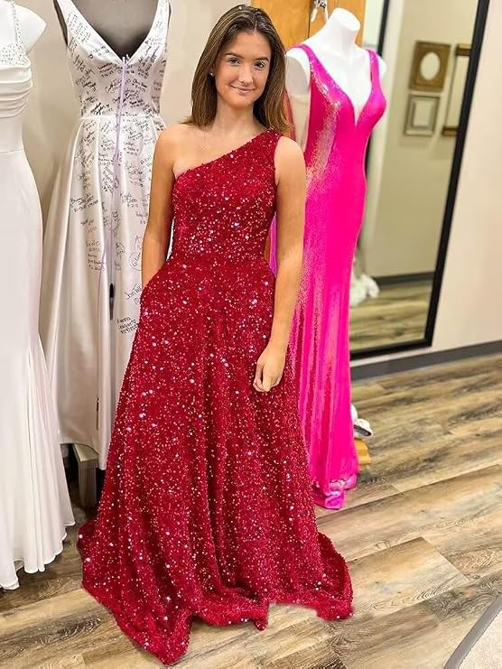 One Shoulder Sequin Prom Dresses for Women 2026 Sparkly Long Ball Gowns Formal Dress Aline Evening Party Gowns