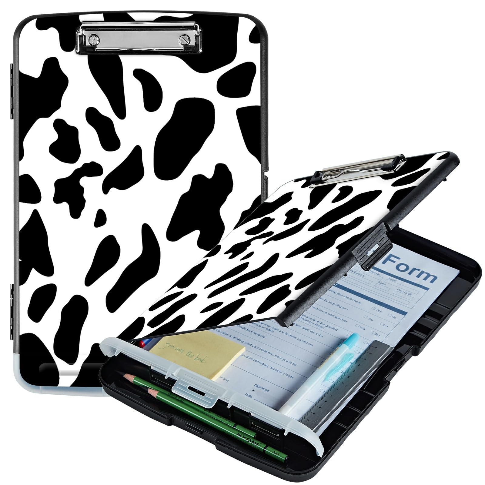 RWUTYTIUL A4 Clipboard with Storage Pen Holder, Clipboards Organizer Nursing Clipboard Foldable File Folder Plastic Clipboard Folio Clip Board for Office Students Classroom Doctor Teacher, Cow Print — image 1