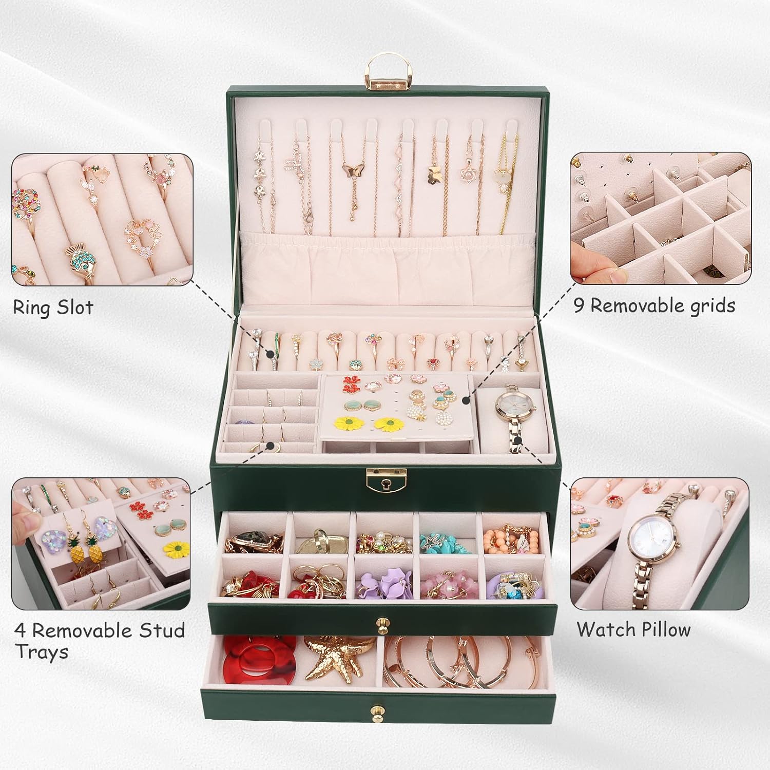 Casiwaft Jewellery Box, Jewellery Organiser with 2 Drawers, 3 Layers Leather Jewellery Storage Box with Lock - Image 4