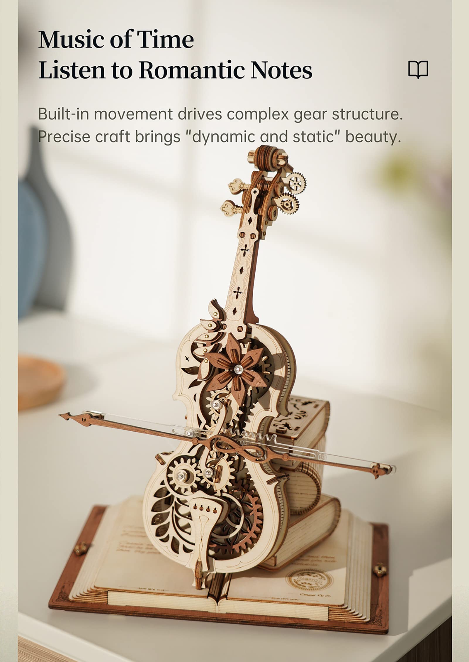3D-Holzpuzzle, Mechanische Spieluhr Für Magisches Cello, Beweglicher Bogen, Der Die Echte Leistung des Cellos Simuliert, Interessantes Kreatives Spielzeug