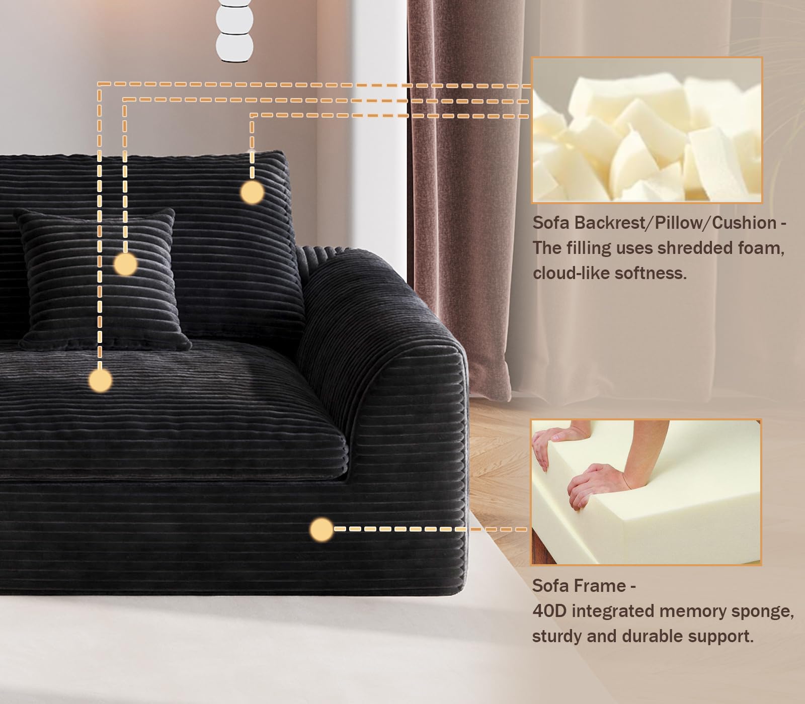 Boneless Couch 91" Cloud Sofa 3-Seater Sectional Couches for Living Room, L-Shape Sofa with Ottoman, Comfy Flannel Fabric Oversized Loveseat Recliner Lounge Chaise with 2 Throw Pillow (Black)