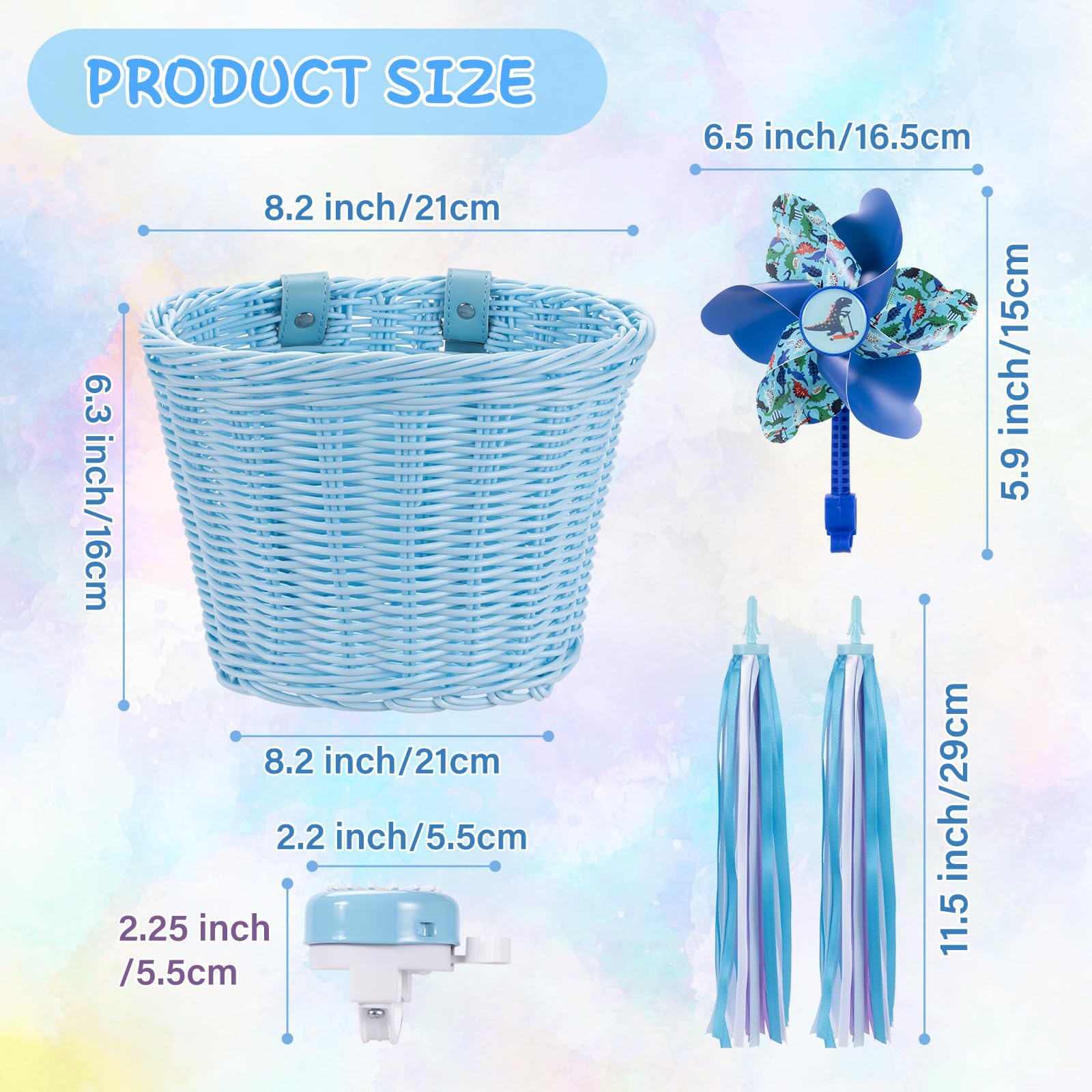 Kids Bike Basket, Bike Basket Front Bike Accessories for Girl Boys, Woven Bicycle Basket with Stickers, Bike Bell, Windmill, and 1pairs Colorful Ribbons Tassels(Blue Basket)