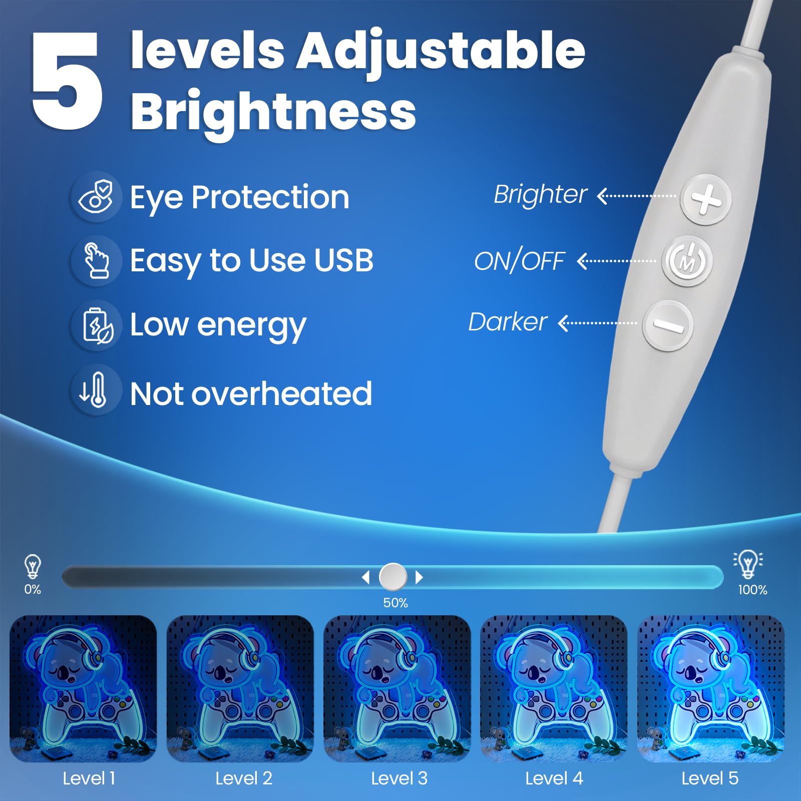Koala Gaming Neon Sign, lampada da parete a LED con controller di gioco, luce al neon dimmerabile alimentata tramite USB 5V/2A per giocatori, stanze dei bambini, sale giochi e bar di casa