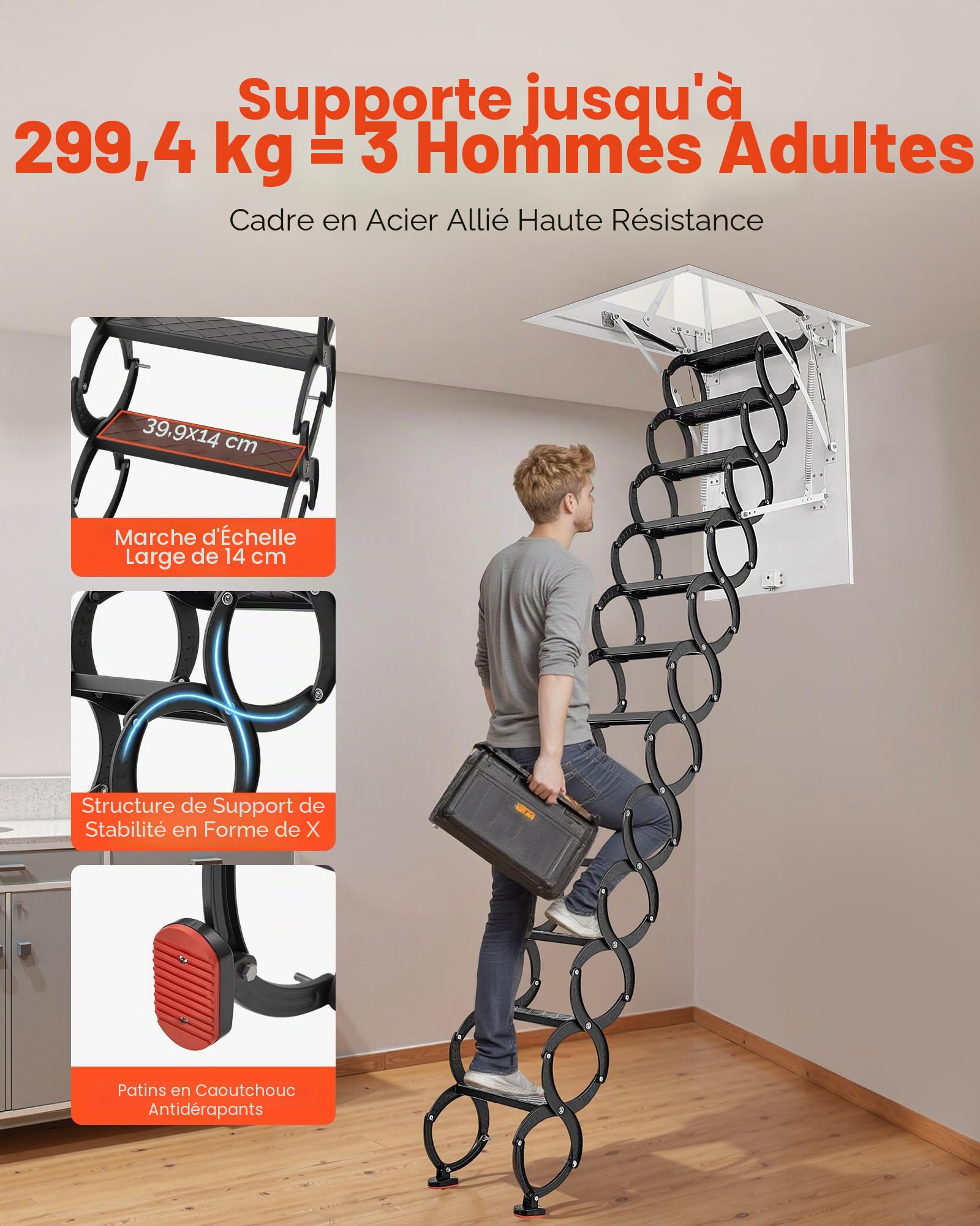 VEVOR Échelle de Grenier, Charge 299,4 kg, Escalier de Grenier Escamotable, Hauteur Installation 3,2-3,35 m, Ouverture 1000,76x698,5 mm, Tige de Traction, Échelle Rétractable Acier pour Accès Greniers