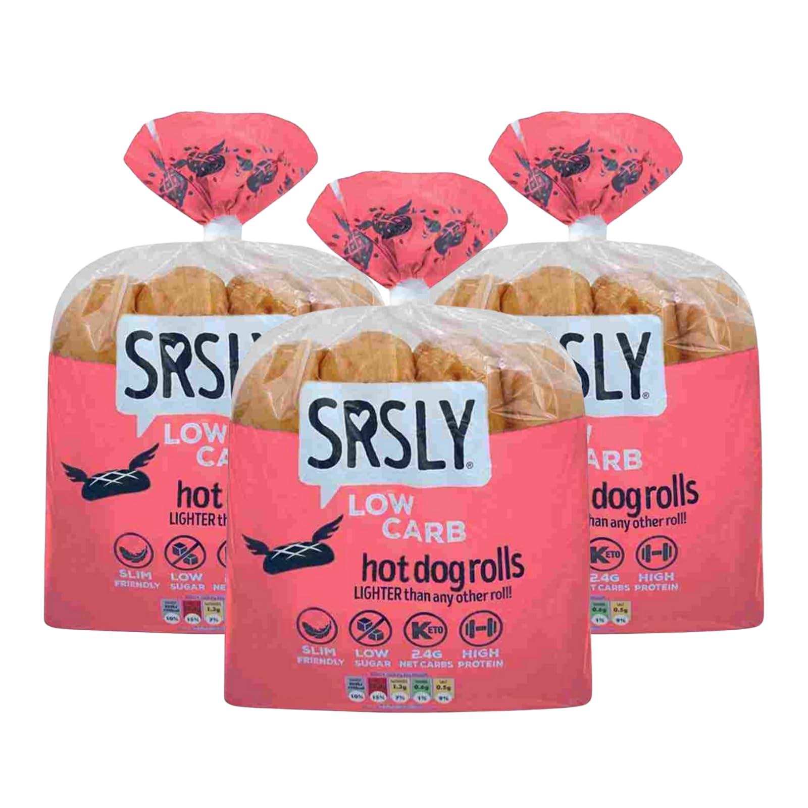 SRSLY Low Carb White Hot Dog Rolls x4-2.4g Carbs Per Roll, High Protein & High Fibre - Soft & Fluffy Bakery-Style Rolls - Freshly Baked & Freezer Friendly - Pack of 3