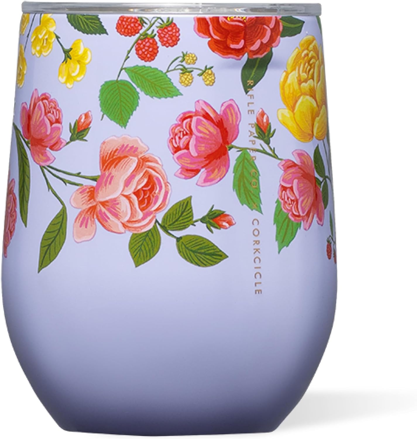 Corkcicle Stemless Insulated Wine Glass Tumbler - Keeps Beverages Cold 6 Hrs Hot 3 Hrs - Stainless Steel - Easy-Grip - Gift for Mom - Great for Mother's Day or Christmas - 12 oz - Roses Purple 12 Ounces Purple Roses