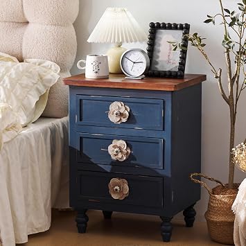 Nightstand, 3 Drawer Night Stand, Bedside Table with Storage, Tall Wide Wood Nightstand, Farmhouse Blue Accent Cabinet with Floral Knobs, Almost Fully Assembled for Bedroom, Living Room Blue