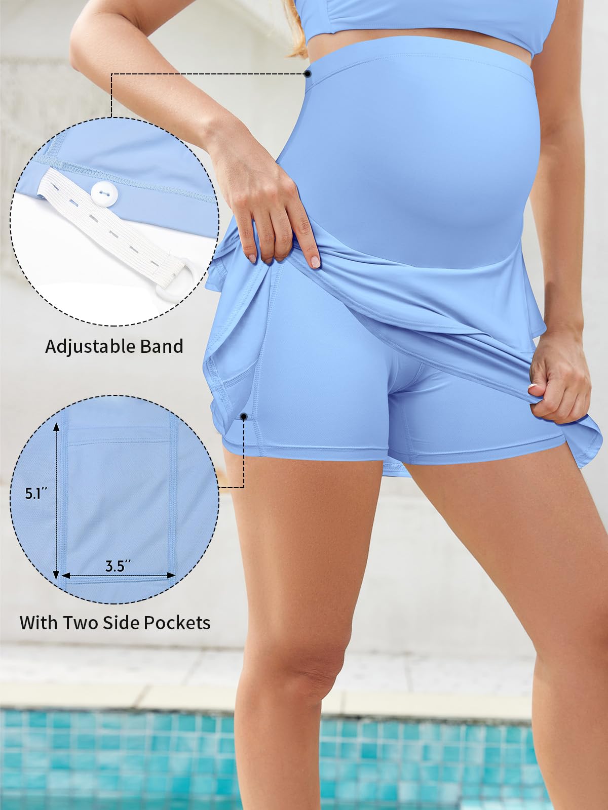 SHEKINI Umstandsrock mit Rüschen über und unter dem Bauch, hohe Taille, fließende Schwangerschaft, athletische Skorts, integrierte Shorts für Tennis, Golf