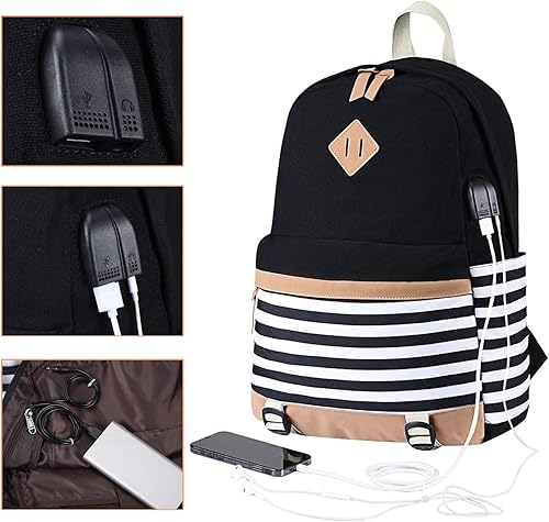 Miniatura 3 de Juego de bolsas escolares de lona a rayas, mochila casual para laptop, mochila para estudiantes universitarios, mochila para adolescentes, Mochila a
