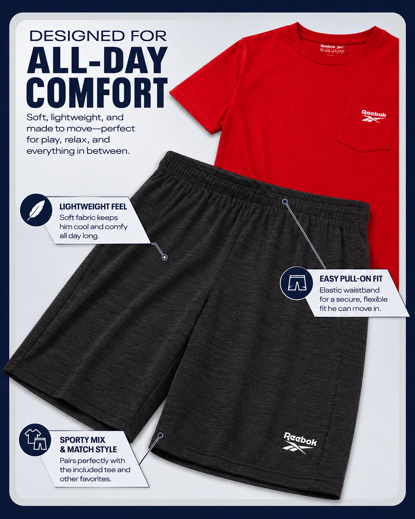 Reebok Conjunto de pantalones cortos deportivos para niños, ropa de verano de 2 piezas con camiseta gráfica y pantalones cortos de baloncesto para niños activos