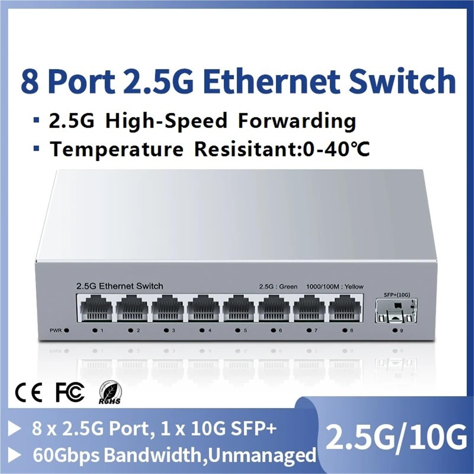 Switch de Red Conmutador Ethernet de 8 Puertos 2,5 GbE No administrado 2,5 Gbps 1 Puerto 10 GB SFP(AU Adapter)