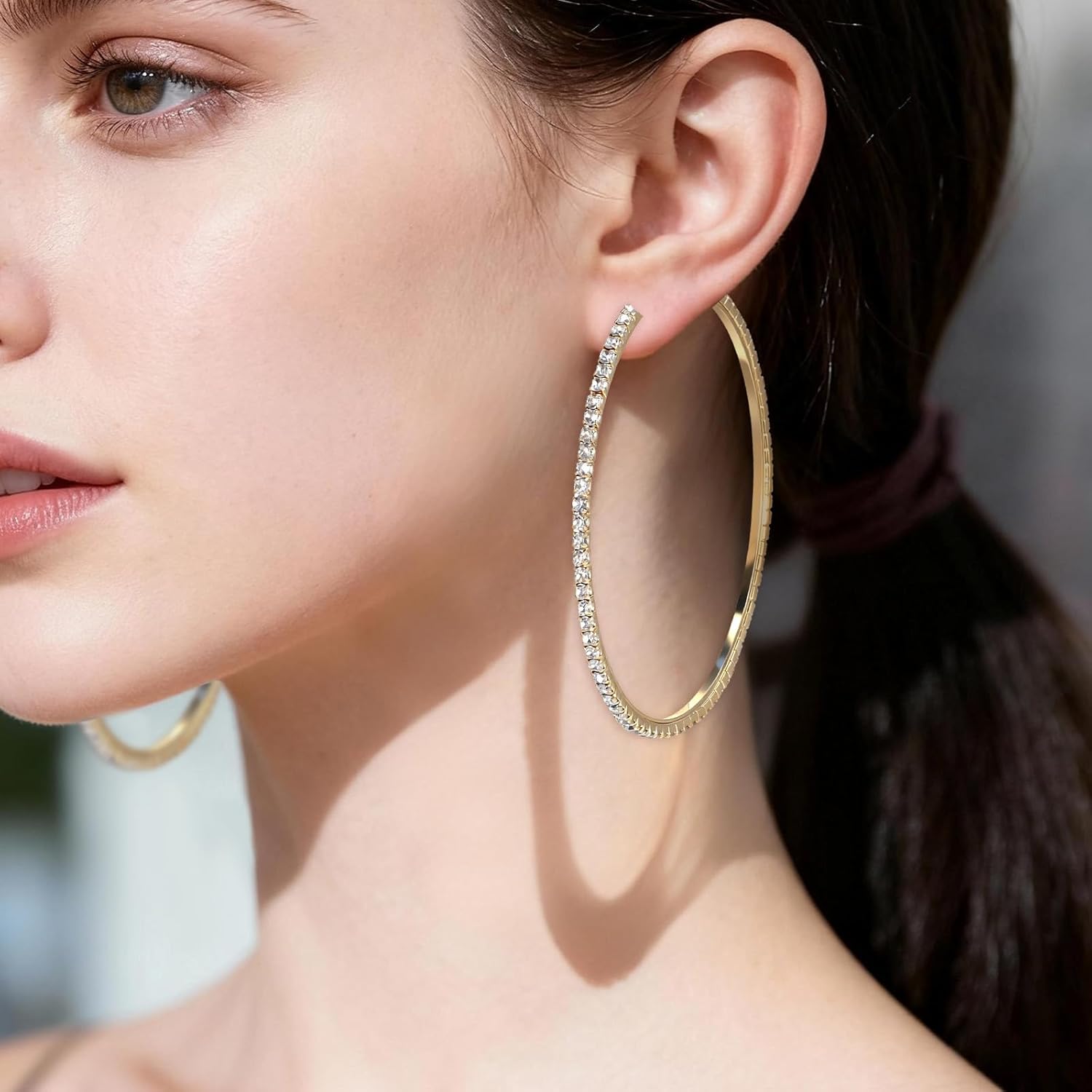 80mm Large Rhinestone Hoop Earrings for Women Sparkly Rhinestones Big Hoops Earring Gold Crystal Hoop Earrings Bling Dangle Drop Hoops Earring for Women Wedding Jewelry Party Favor - Image 5