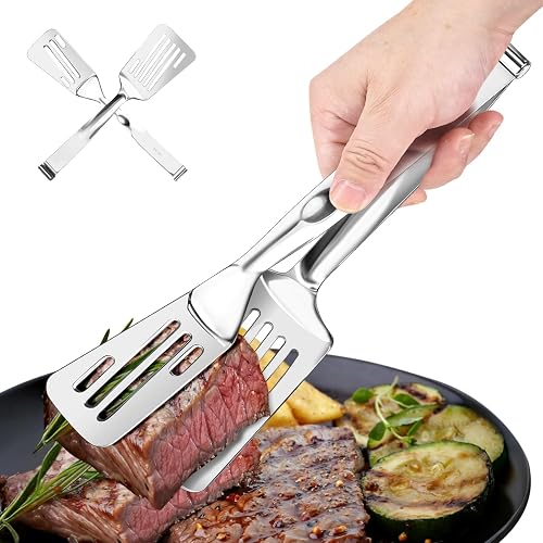 2-in-1 Spatula Tongs, 11.8 Inch 304 Stainless Steel Kitchen Tongs for 12 Inch Cooking Use, Detachable Metal Tongs with Oil Drain Holes for Grilling Frying Steak