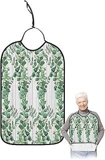 BOBOWUNY Summer Tropical Leaves Adult Bibs for Elder Women Men Eating, Spring Green Floral Rustic Wood Waterproof & Washable Bibs for Eating Clothing Protector Dining Bibs for Crumb Catcher