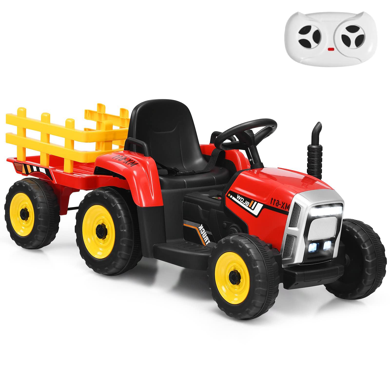 Kids Electric Tractor with Detachable Trailer, LED Lights, Music, Horn, USB & Bluetooth, 12V Battery Powered Ride on Car for 3 Years Old + Boys Girls (Red)