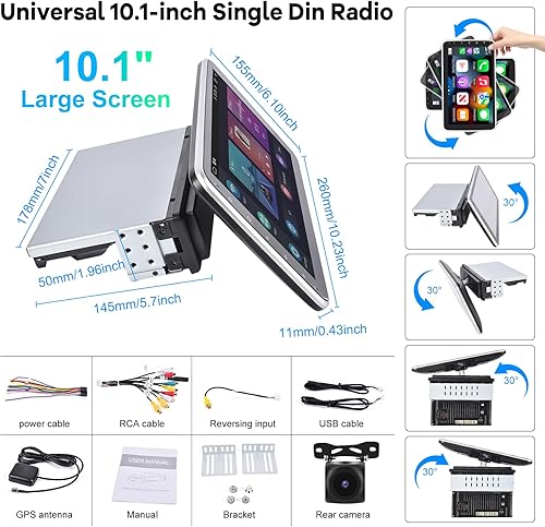 Miniatura 6 de 2G+64G 10.1 pulgadas Android 13 Single DIN coche estéreo pantalla táctil vertical Radio Rotatable Head Unit, Wired&Wireless CarPlayAndroid