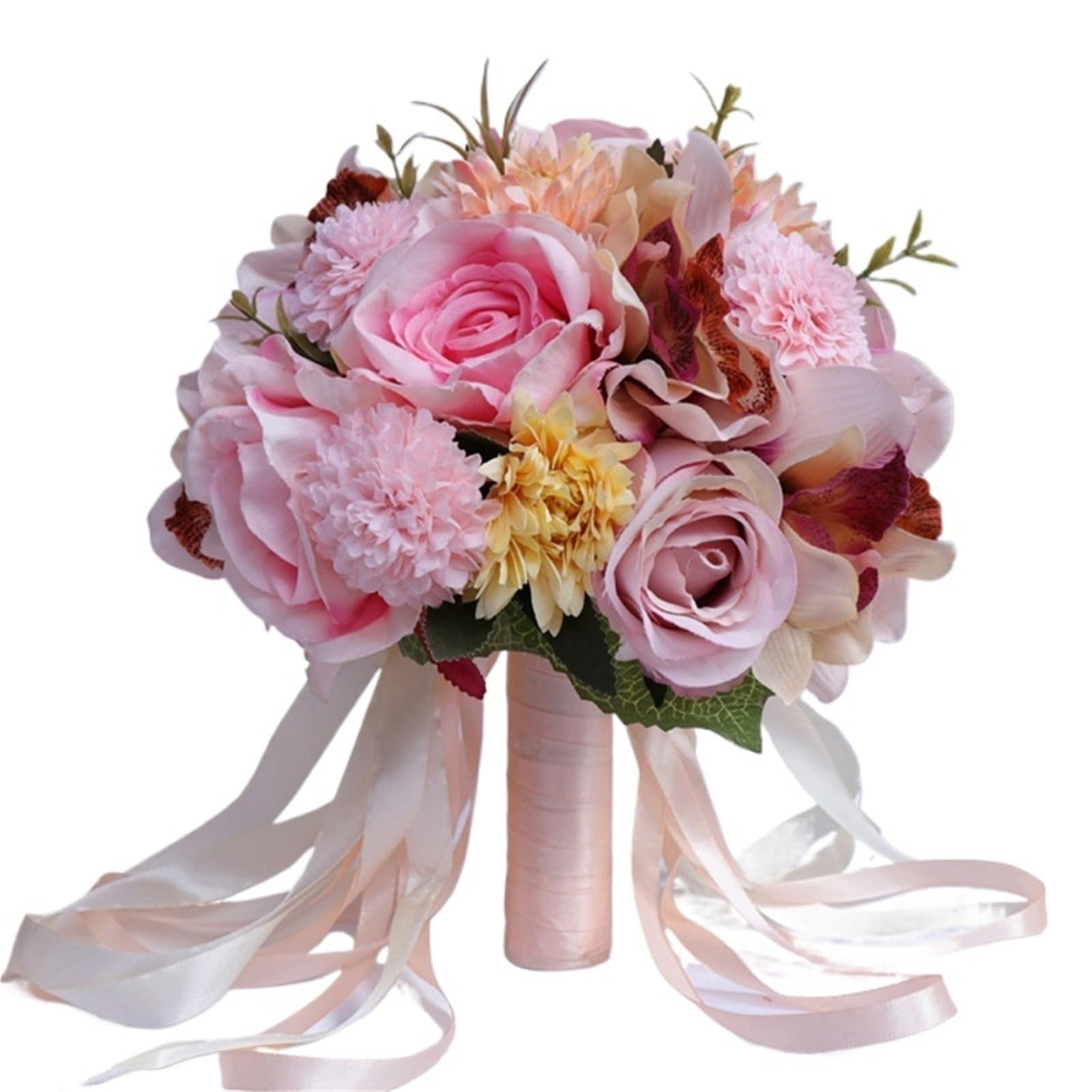 WENYOG Wedding Bouquet Bridal Flower Bouquet Artificial Silk Rose Peony Flower Wedding Bouquet Dahlia Orchid Bouquets(Champagne)