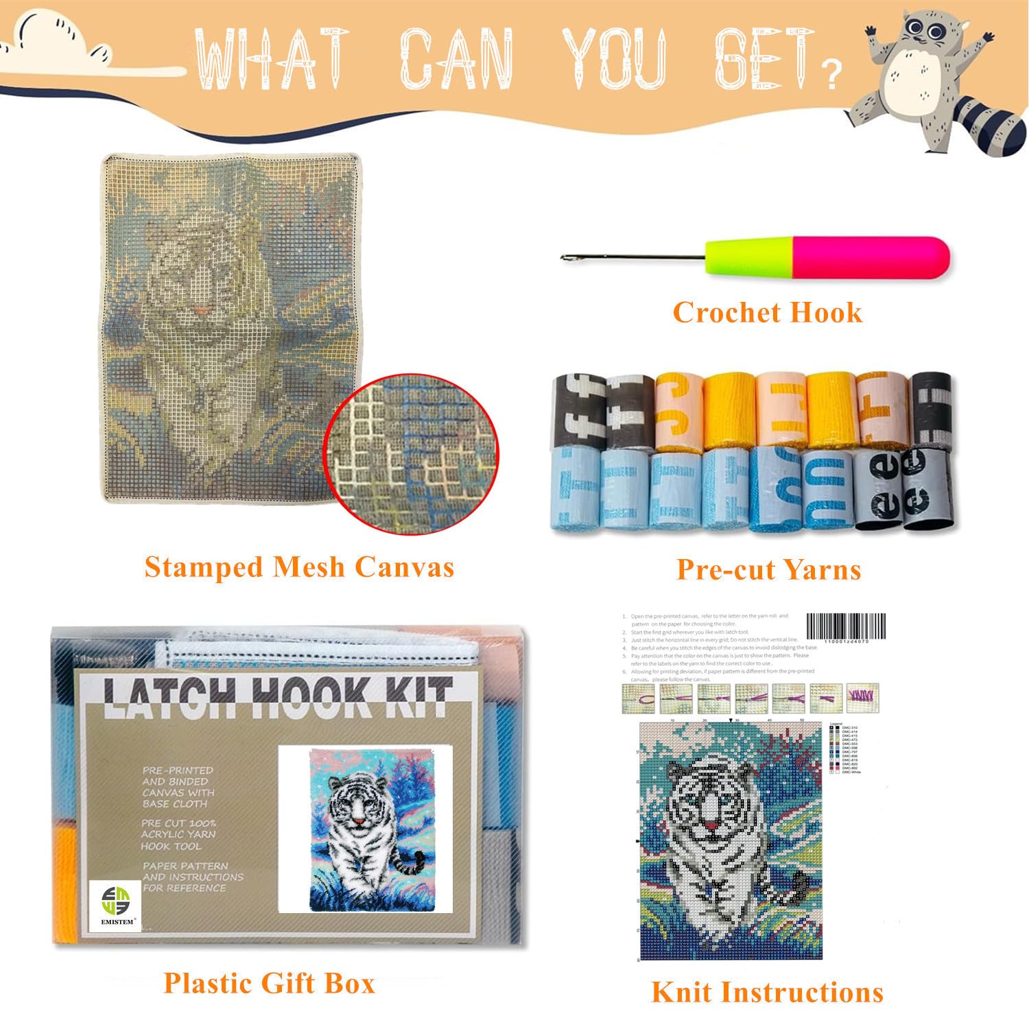 EMISTEM Latch Hook Kits for Adults - DIY Latch Hook Rug Kits for Kids, Crochet Kit for Beginners, Rug Making Kits with Printed Canvas, Gift Packaging.(White Tiger Walking on Snow, 20x15)