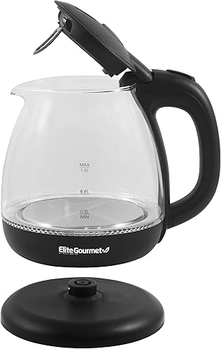 Miniatura 3 de Elite Gourmet EKT1024 - Tetera eléctrica de vidrio de 1 litro, caldera de agua caliente sin BPA con LED azul, hervido rápido y apagado automático,